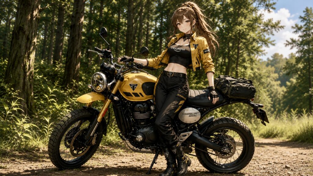 AIで画像生成したトライアンフスクランブラー400xcと女の子