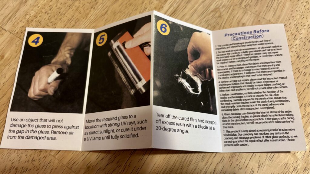 『Windshield Crack Repair Kit』の説明書、裏面