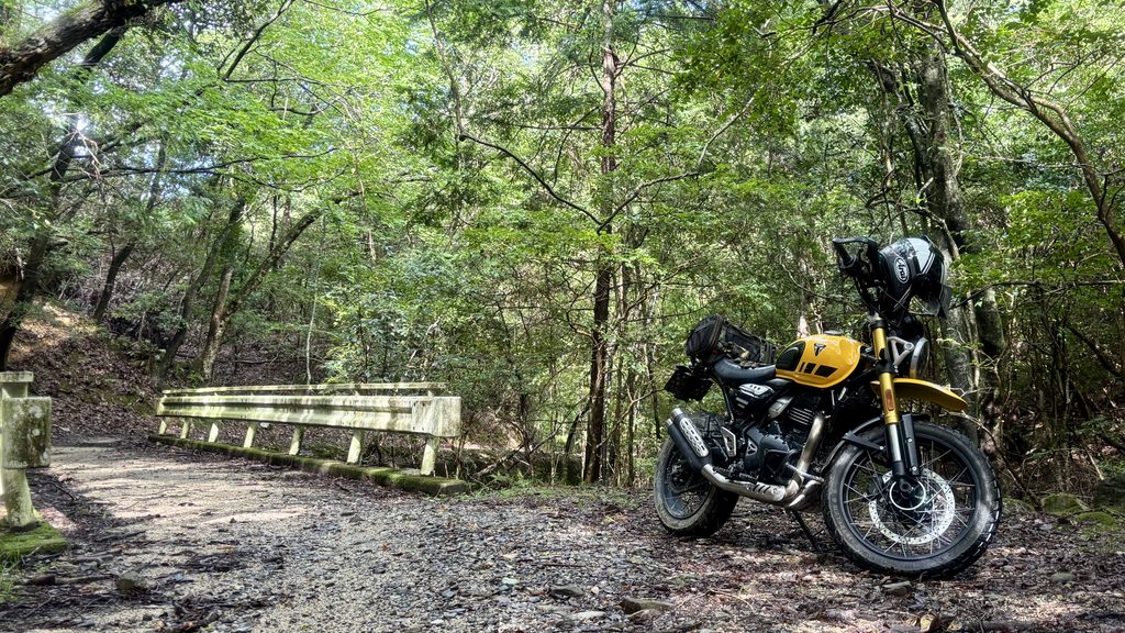 林道の橋を渡るトライアンフスクランブラー400XC