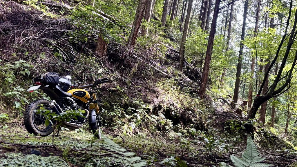 グローブを川で洗うためにトライアンフスクランブラー400XCを路肩に止める